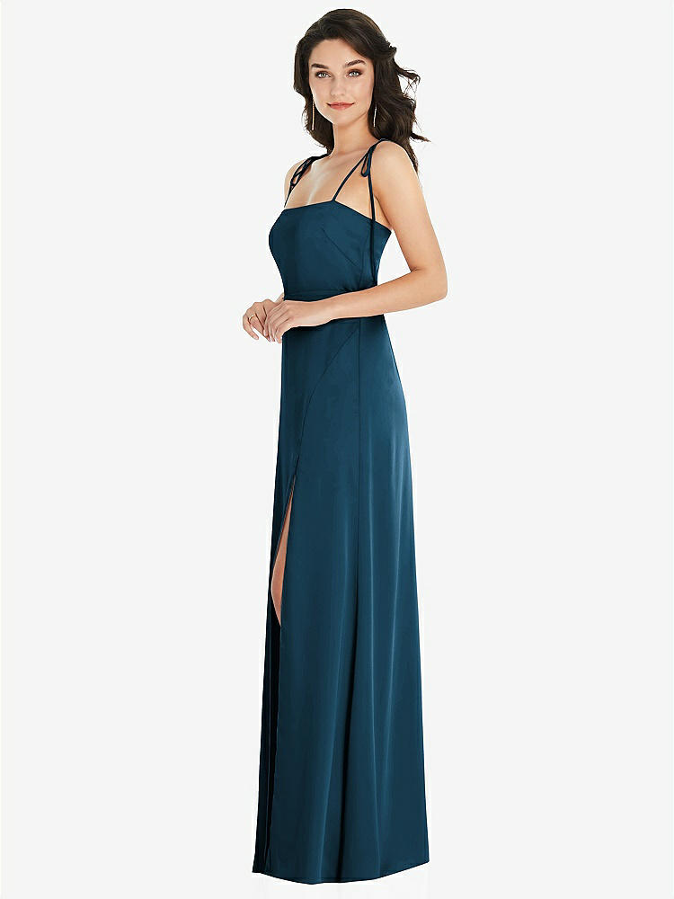 【STYLE: 8214】Skinny Tie-Shoulder Satin Maxi Dress with Front Slit【COLOR: Atlantic Blue】
