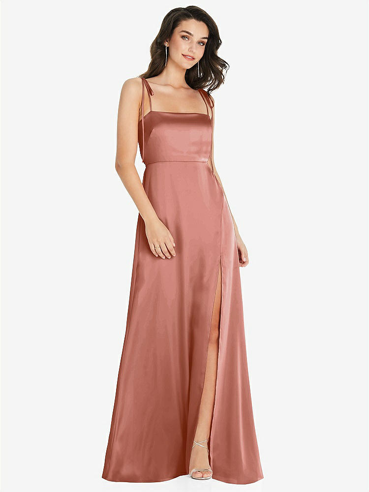 【STYLE: 8214】Skinny Tie-Shoulder Satin Maxi Dress with Front Slit【COLOR: Desert Rose】