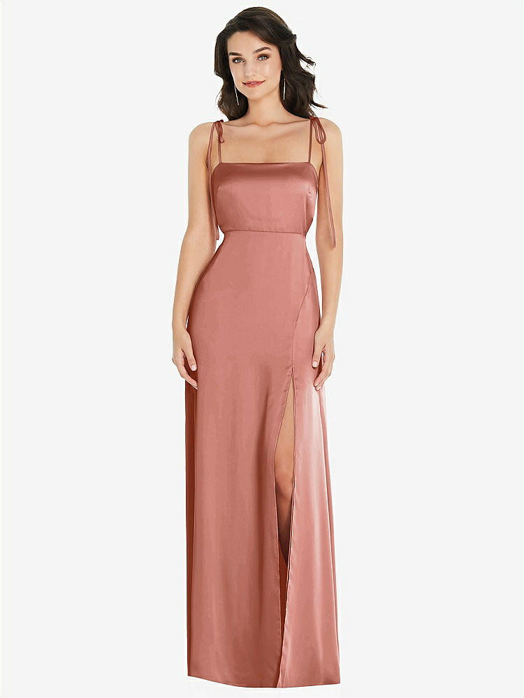 【STYLE: 8214】Skinny Tie-Shoulder Satin Maxi Dress with Front Slit【COLOR: Desert Rose】