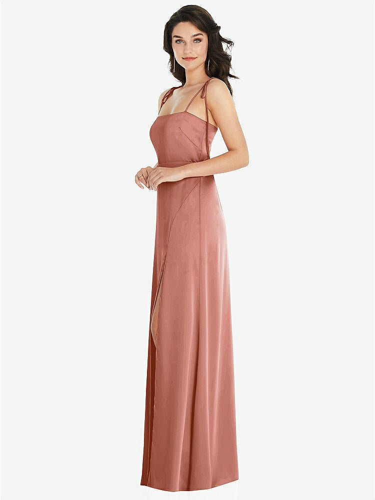 【STYLE: 8214】Skinny Tie-Shoulder Satin Maxi Dress with Front Slit【COLOR: Desert Rose】
