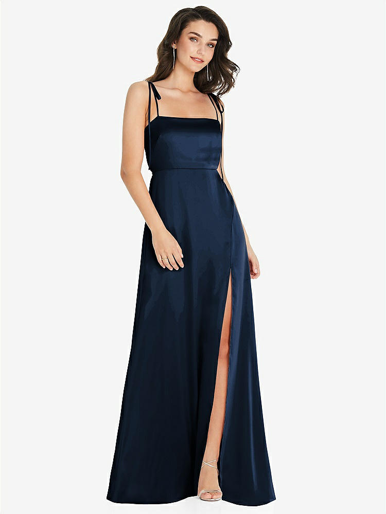 【STYLE: 8214】Skinny Tie-Shoulder Satin Maxi Dress with Front Slit【COLOR: Midnight Navy】