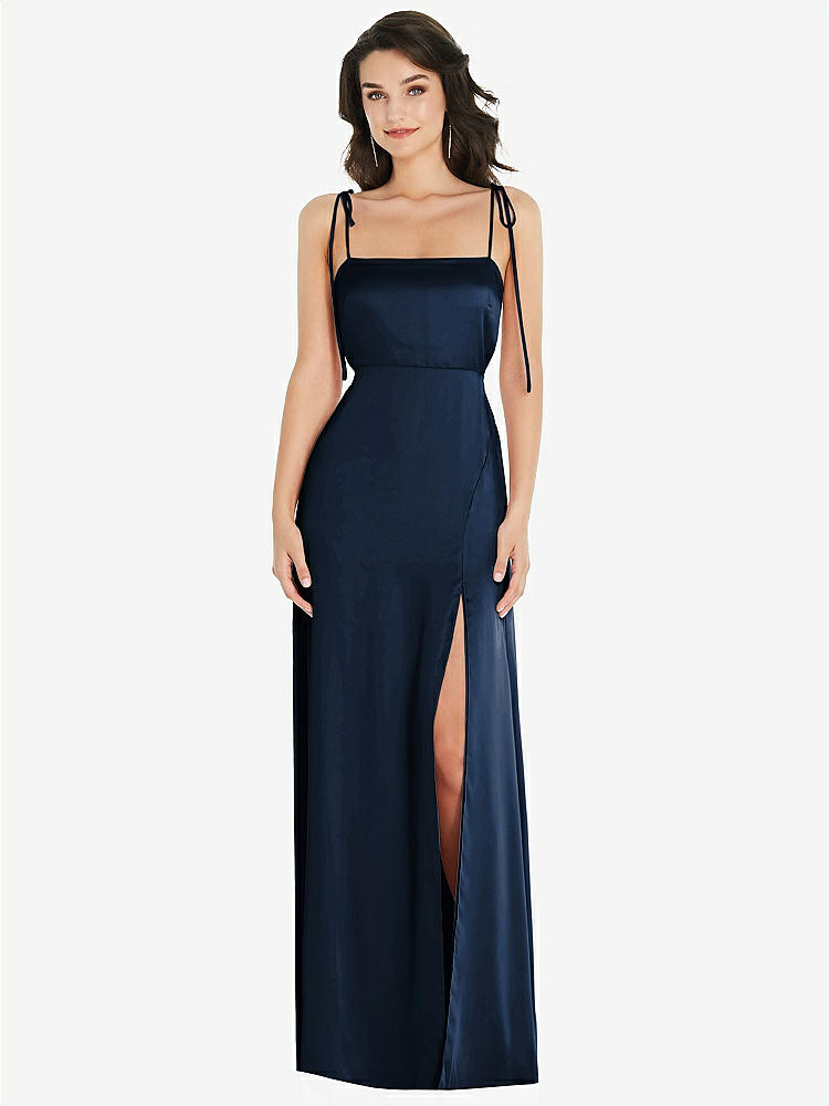 【STYLE: 8214】Skinny Tie-Shoulder Satin Maxi Dress with Front Slit【COLOR: Midnight Navy】