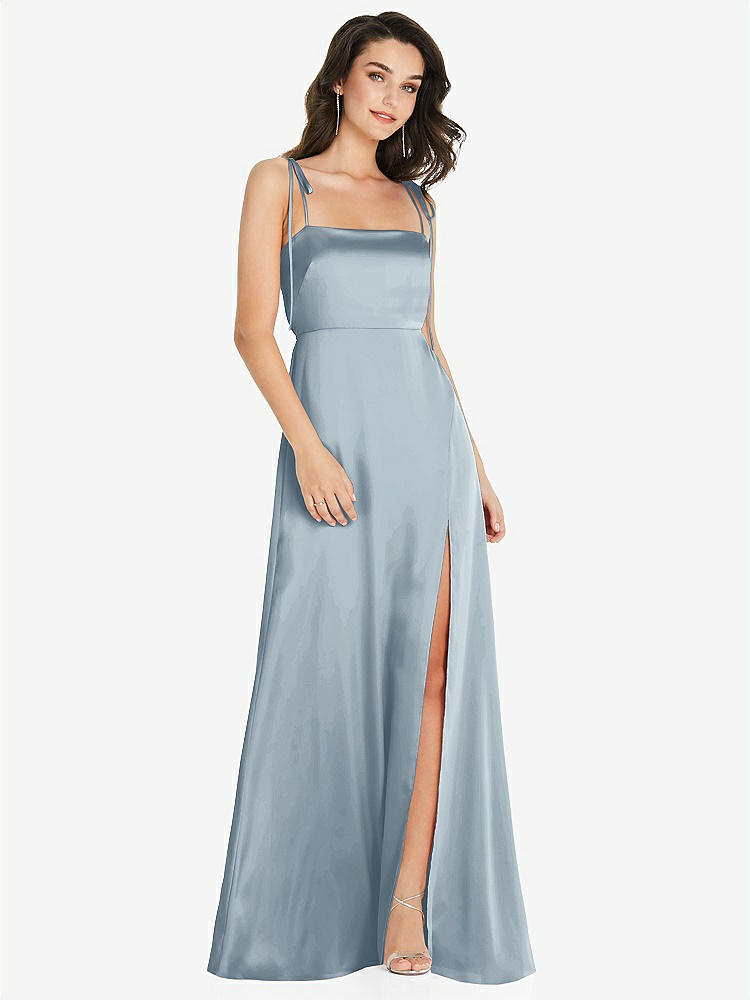 【STYLE: 8214】Skinny Tie-Shoulder Satin Maxi Dress with Front Slit【COLOR: Mist】