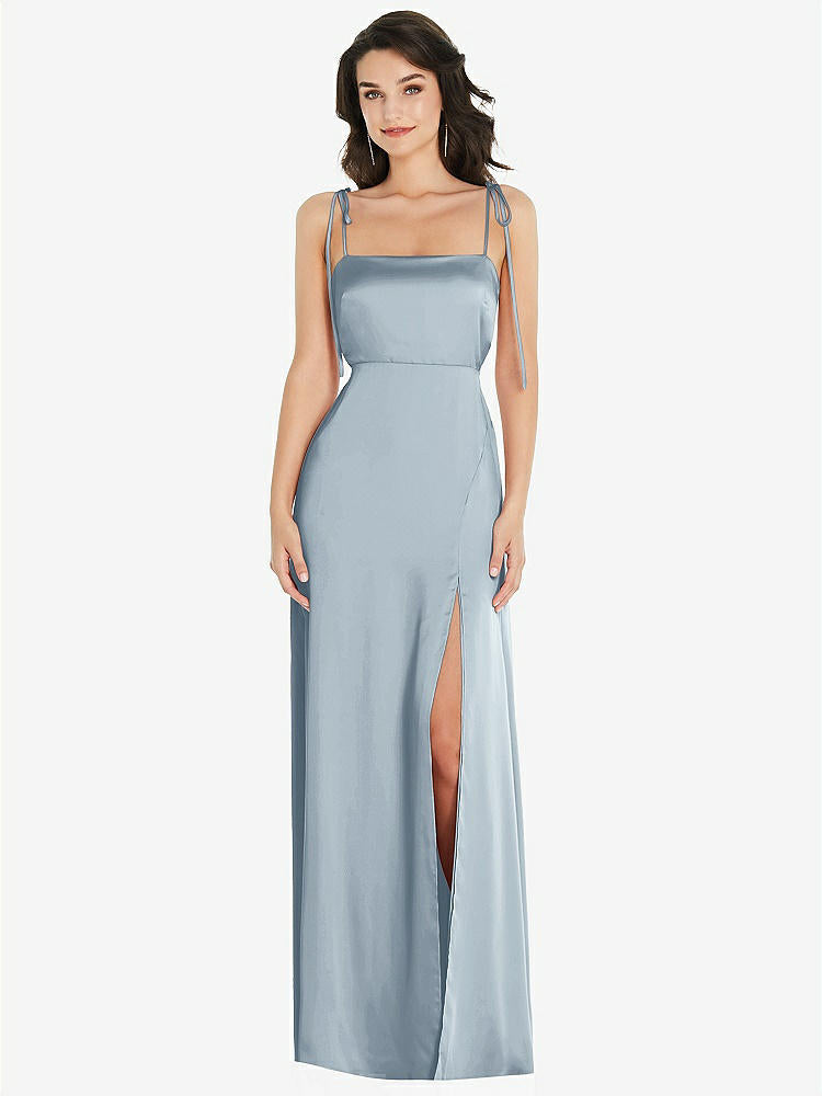 【STYLE: 8214】Skinny Tie-Shoulder Satin Maxi Dress with Front Slit【COLOR: Mist】