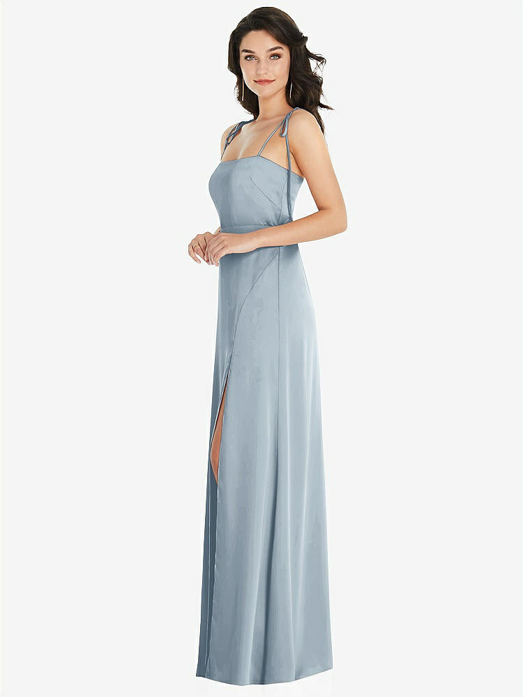 【STYLE: 8214】Skinny Tie-Shoulder Satin Maxi Dress with Front Slit【COLOR: Mist】
