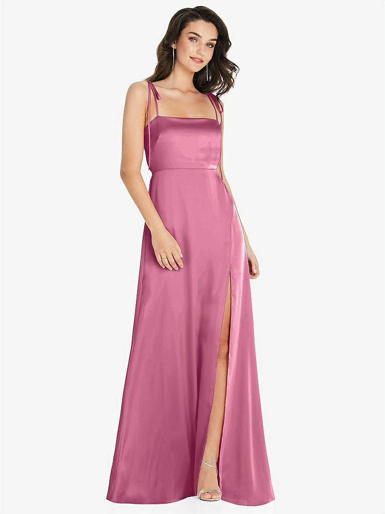 【STYLE: 8214】Skinny Tie-Shoulder Satin Maxi Dress with Front Slit【COLOR: Orchid Pink】