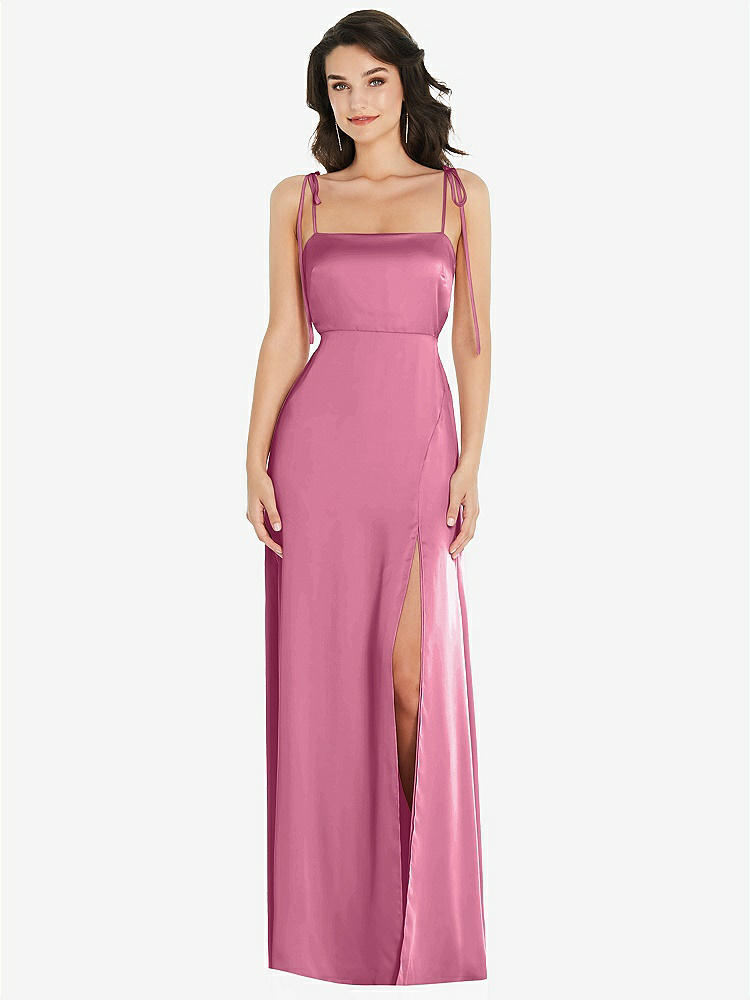 【STYLE: 8214】Skinny Tie-Shoulder Satin Maxi Dress with Front Slit【COLOR: Orchid Pink】