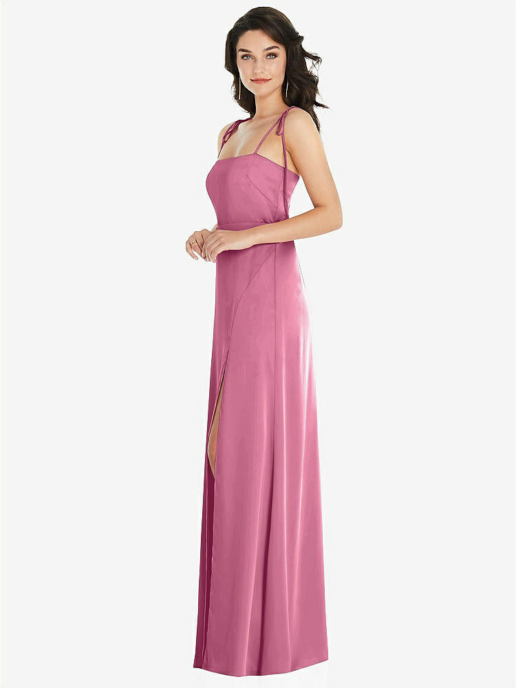 【STYLE: 8214】Skinny Tie-Shoulder Satin Maxi Dress with Front Slit【COLOR: Orchid Pink】