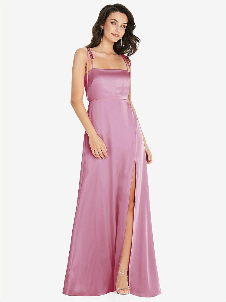 【STYLE: 8214】Skinny Tie-Shoulder Satin Maxi Dress with Front Slit【COLOR: Powder Pink】