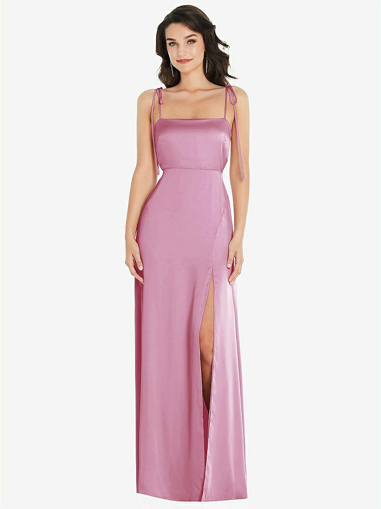 【STYLE: 8214】Skinny Tie-Shoulder Satin Maxi Dress with Front Slit【COLOR: Powder Pink】