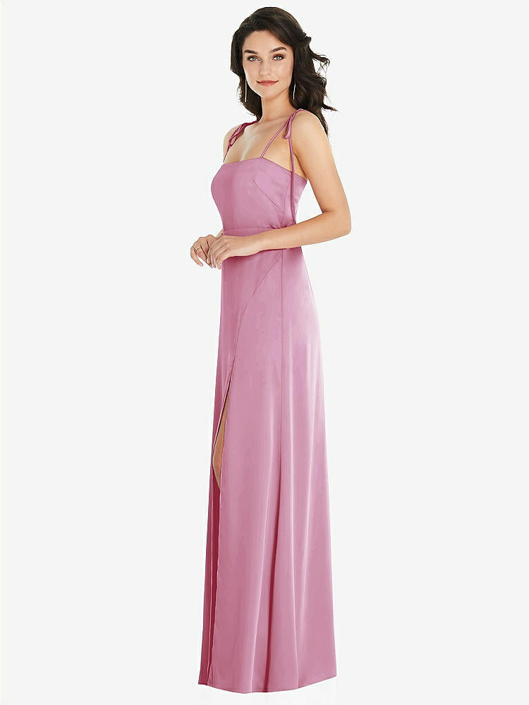 【STYLE: 8214】Skinny Tie-Shoulder Satin Maxi Dress with Front Slit【COLOR: Powder Pink】