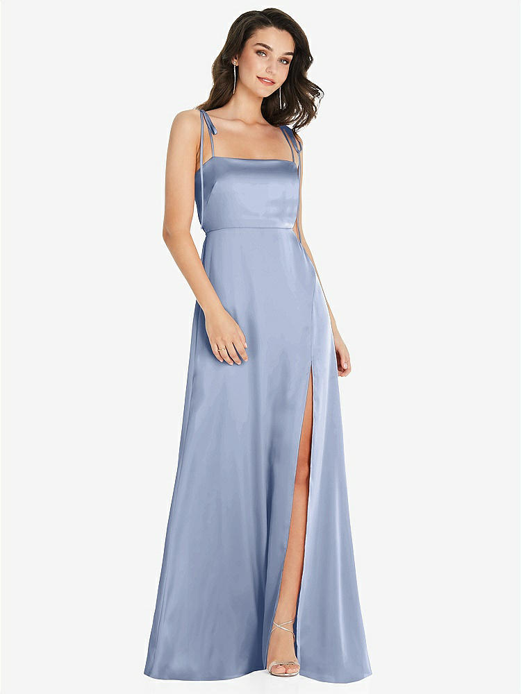 【STYLE: 8214】Skinny Tie-Shoulder Satin Maxi Dress with Front Slit【COLOR: Sky Blue】