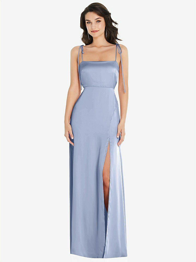 【STYLE: 8214】Skinny Tie-Shoulder Satin Maxi Dress with Front Slit【COLOR: Sky Blue】