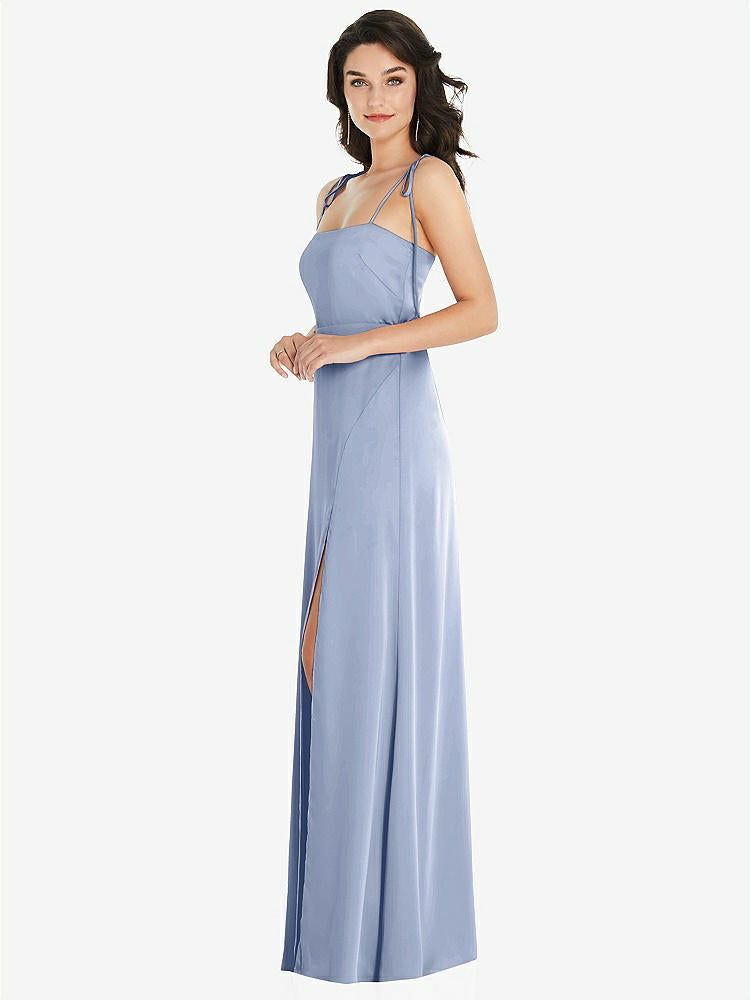 【STYLE: 8214】Skinny Tie-Shoulder Satin Maxi Dress with Front Slit【COLOR: Sky Blue】