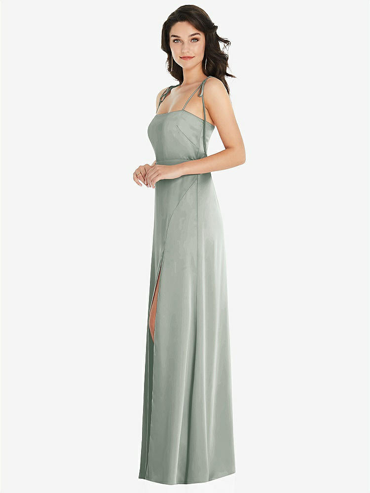 【NEW】【STYLE: 8214】スキニー タイショルダー サテン マキシ ドレス 前面 スリット【COLOR: Willow Green】【SIZE: 00-30W】