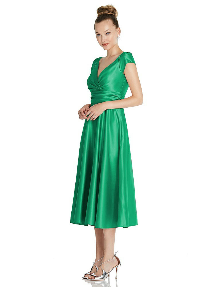 【NEW】【STYLE: TH091】キャップ スリーブ フェイク ラップ サテン MIDI ドレス ポケット付き【COLOR: Pantone Emerald】【SIZE: 00-30W】