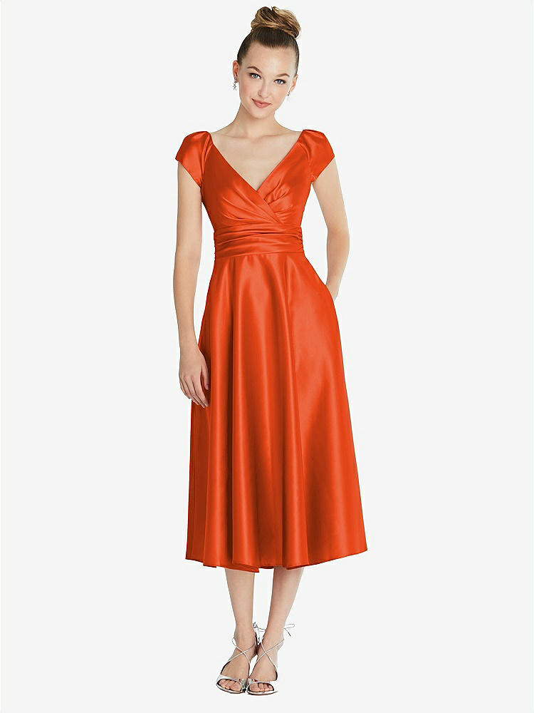 【NEW】【STYLE: TH091】キャップ スリーブ フェイク ラップ サテン MIDI ドレス ポケット付き【COLOR: Tangerine Tango】【SIZE: 00-30W】