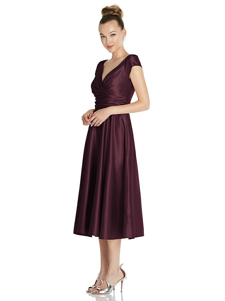 【NEW】【STYLE: TH091】キャップ スリーブ フェイク ラップ サテン MIDI ドレス ポケット付き【COLOR: Bordeaux】【SIZE: 00-30W】