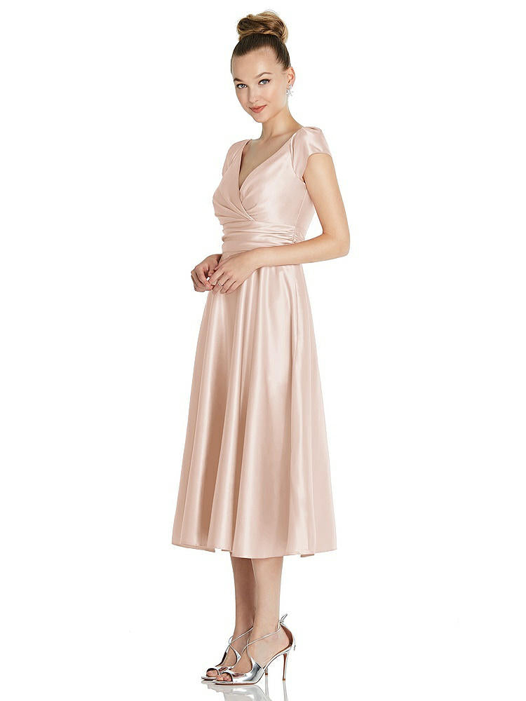 【NEW】【STYLE: TH091】キャップ スリーブ フェイク ラップ サテン MIDI ドレス ポケット付き【COLOR: Cameo】【SIZE: 00-30W】