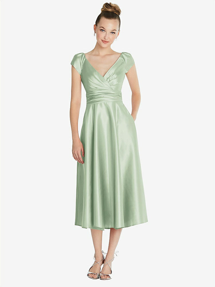 【NEW】【STYLE: TH091】キャップ スリーブ フェイク ラップ サテン MIDI ドレス ポケット付き【COLOR: Celadon】【SIZE: 00-30W】