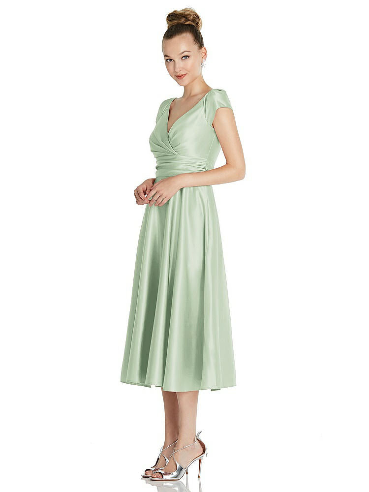 【NEW】【STYLE: TH091】キャップ スリーブ フェイク ラップ サテン MIDI ドレス ポケット付き【COLOR: Celadon】【SIZE: 00-30W】