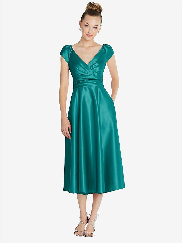 【NEW】【STYLE: TH091】キャップ スリーブ フェイク ラップ サテン MIDI ドレス ポケット付き【COLOR: Jade】【SIZE: 00-30W】