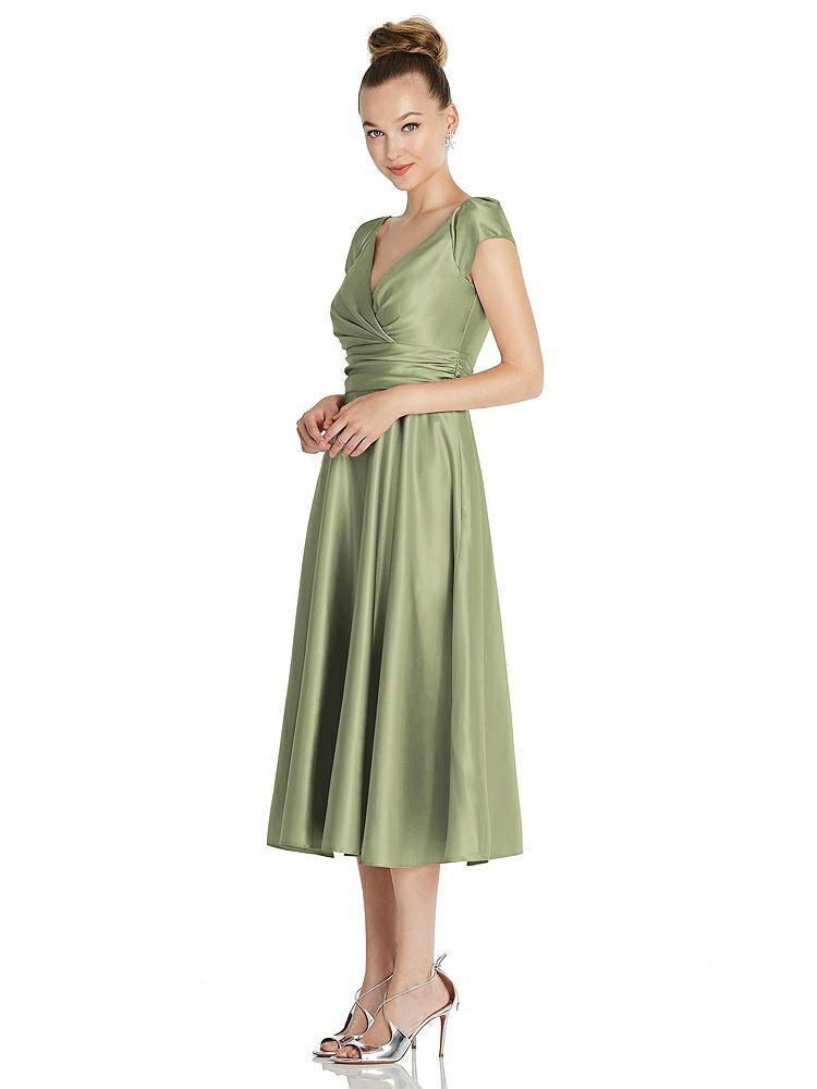 【NEW】【STYLE: TH091】キャップ スリーブ フェイク ラップ サテン MIDI ドレス ポケット付き【COLOR: Kiwi】【SIZE: 00-30W】