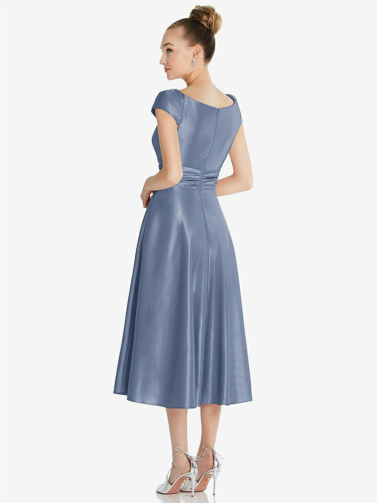 【NEW】【STYLE: TH091】キャップ スリーブ フェイク ラップ サテン MIDI ドレス ポケット付き【COLOR: Larkspur Blue】【SIZE: 00-30W】