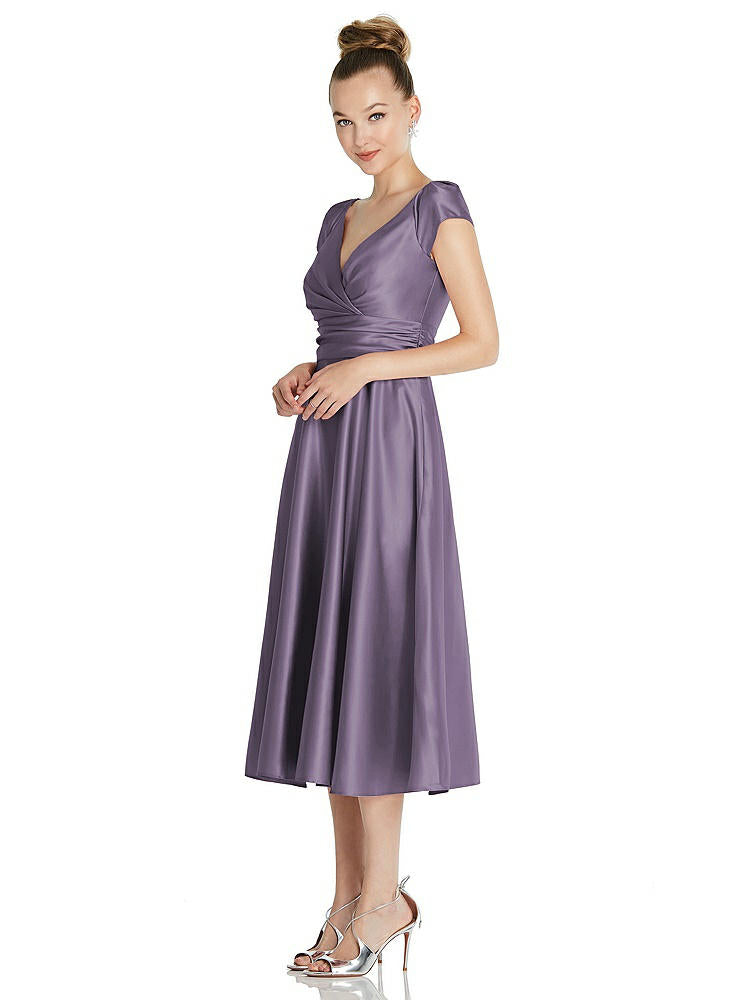 【NEW】【STYLE: TH091】キャップ スリーブ フェイク ラップ サテン MIDI ドレス ポケット付き【COLOR: Lavender】【SIZE: 00-30W】