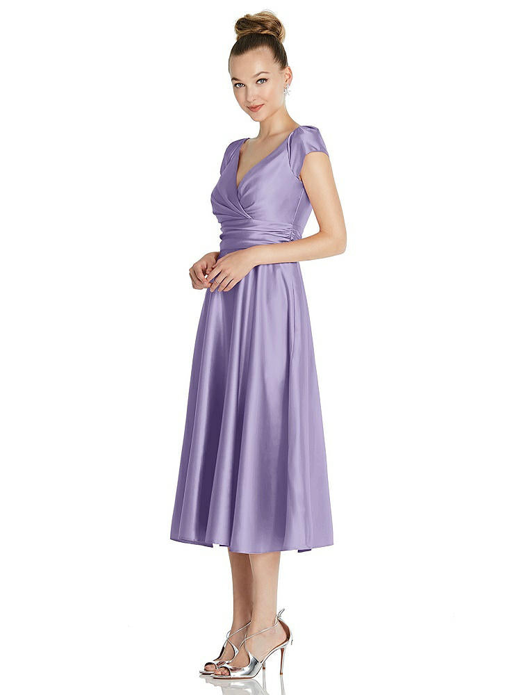 【NEW】【STYLE: TH091】キャップ スリーブ フェイク ラップ サテン MIDI ドレス ポケット付き【COLOR: Passion】【SIZE: 00-30W】