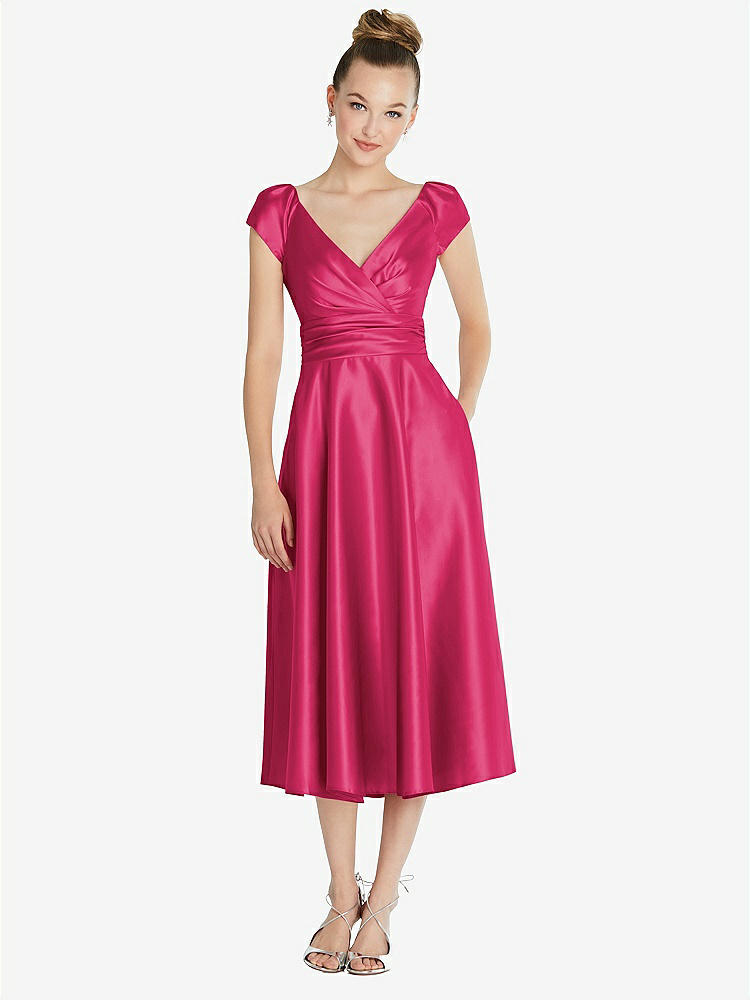 【STYLE: TH091】Cap Sleeve Faux Wrap Satin Midi Dress with Pockets【COLOR: Posie】