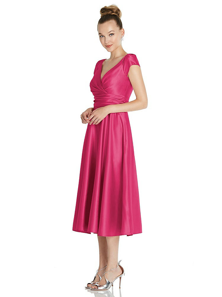 【STYLE: TH091】Cap Sleeve Faux Wrap Satin Midi Dress with Pockets【COLOR: Posie】