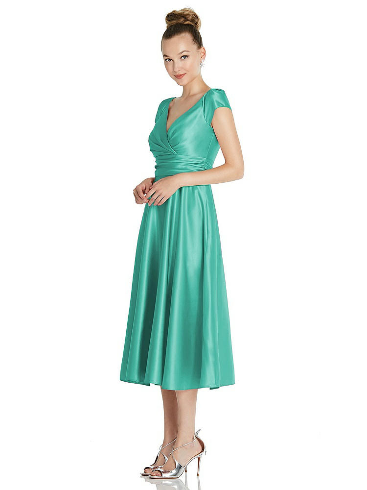 【NEW】【STYLE: TH091】キャップ スリーブ フェイク ラップ サテン MIDI ドレス ポケット付き【COLOR: Pantone Turquoise】【SIZE: 00-30W】