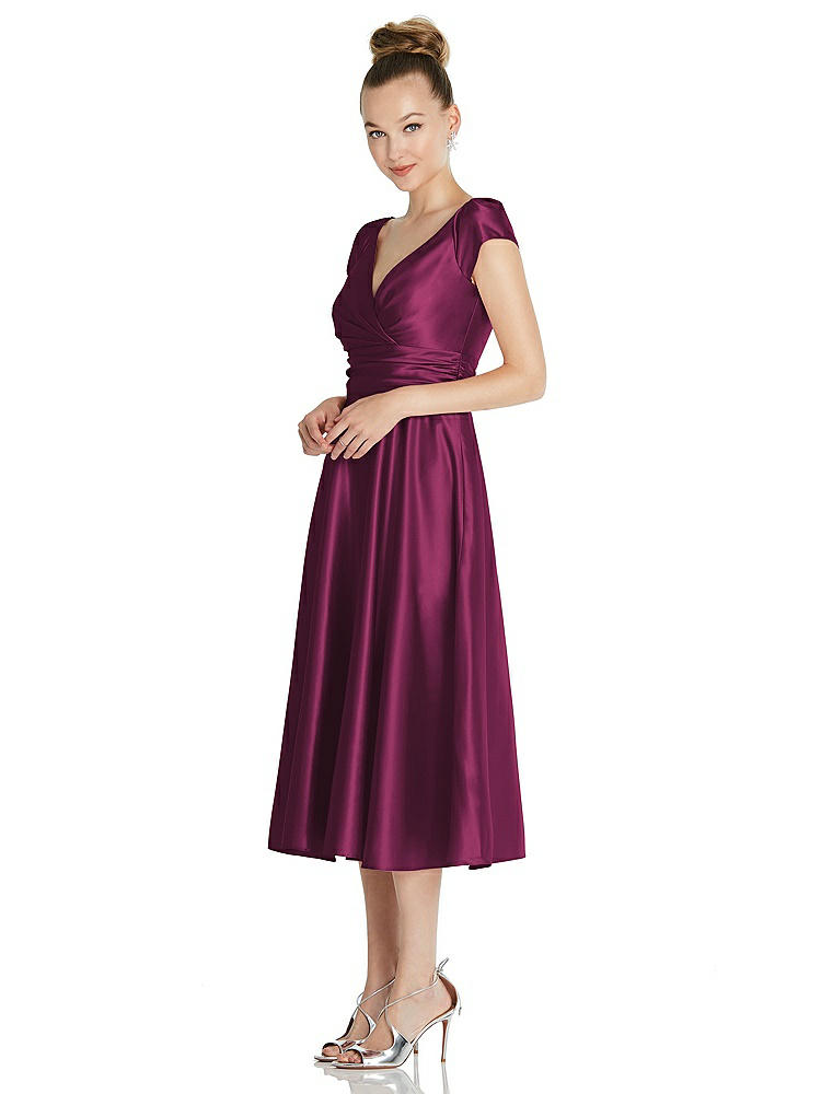 【NEW】【STYLE: TH091】キャップ スリーブ フェイク ラップ サテン MIDI ドレス ポケット付き【COLOR: Ruby】【SIZE: 00-30W】