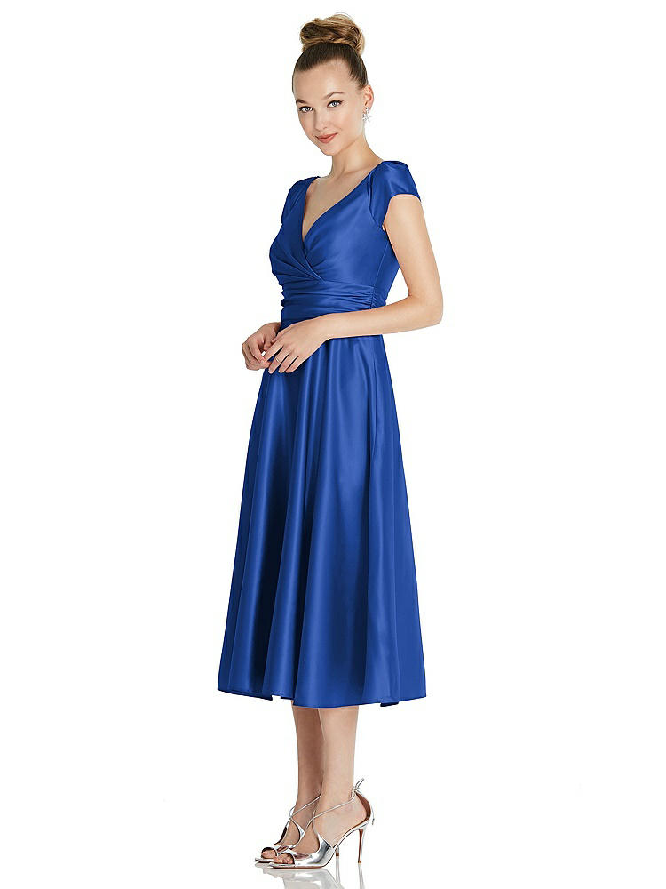 【NEW】【STYLE: TH091】キャップ スリーブ フェイク ラップ サテン MIDI ドレス ポケット付き【COLOR: Sapphire】【SIZE: 00-30W】