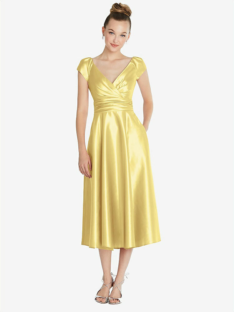 【STYLE: TH091】Cap Sleeve Faux Wrap Satin Midi Dress with Pockets【COLOR: Sunflower】