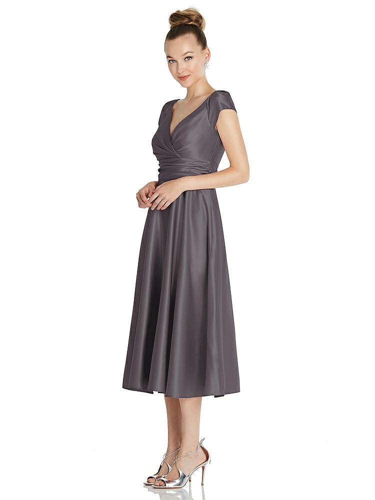 【NEW】【STYLE: TH091】キャップ スリーブ フェイク ラップ サテン MIDI ドレス ポケット付き【COLOR: Stormy】【SIZE: 00-30W】