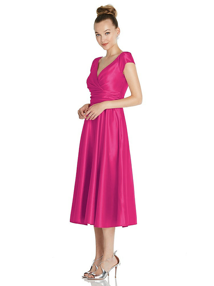 【NEW】【STYLE: TH091】キャップ スリーブ フェイク ラップ サテン MIDI ドレス ポケット付き【COLOR: Think Pink】【SIZE: 00-30W】