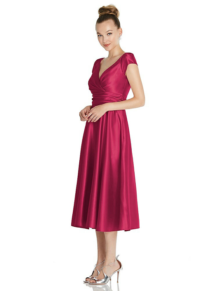 【NEW】【STYLE: TH091】キャップ スリーブ フェイク ラップ サテン MIDI ドレス ポケット付き【COLOR: Valentine】【SIZE: 00-30W】