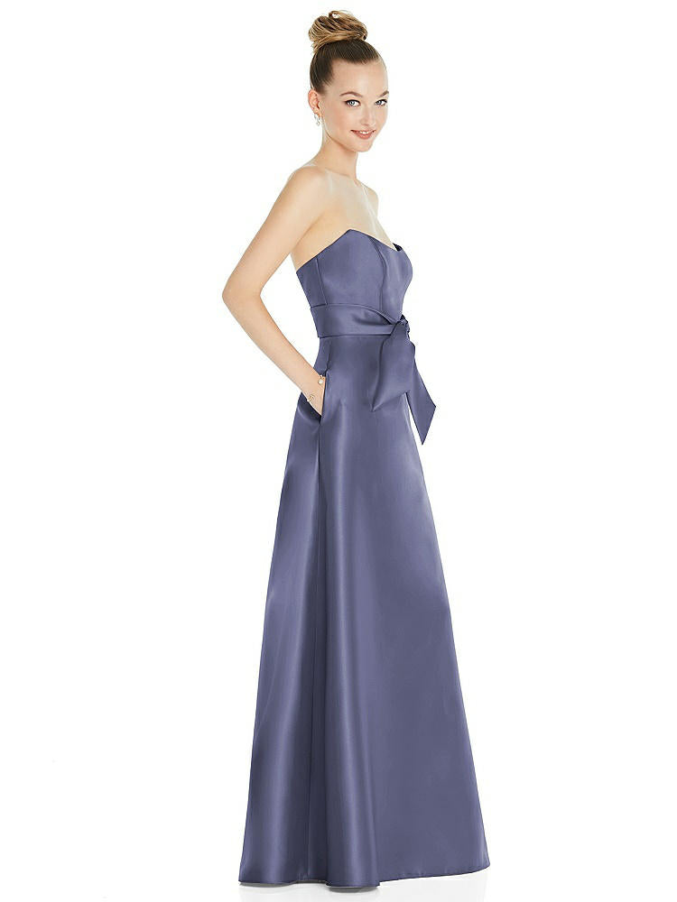 【NEW】【STYLE: D828】バスクネック ストラップレス サテン ガウン ミニ サッシ【COLOR: French Blue】【SIZE: 00-30W】
