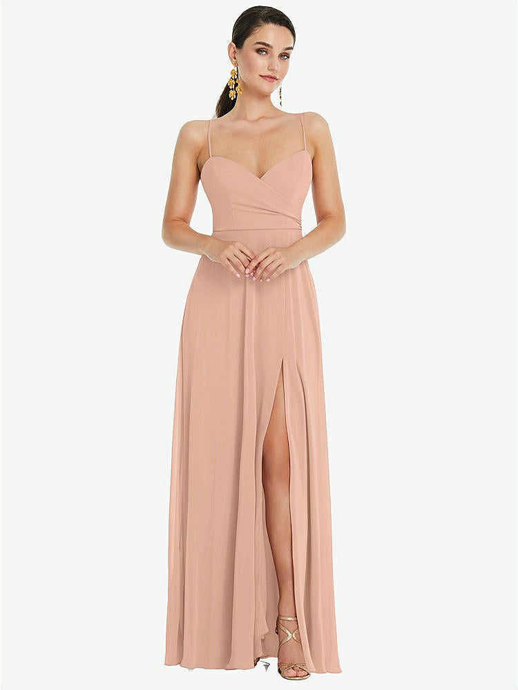 【STYLE: LB036】Adjustable Strap Wrap Bodice Maxi Dress with Front Slit 【COLOR: Pale Peach】