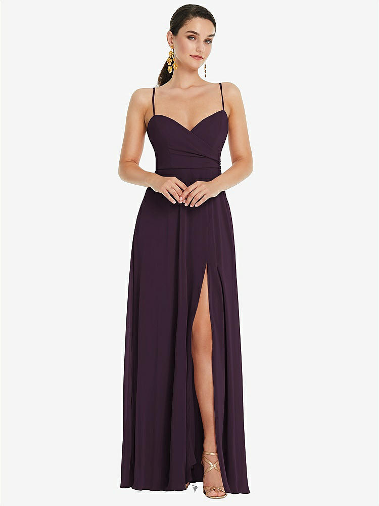 【STYLE: LB036】Adjustable Strap Wrap Bodice Maxi Dress with Front Slit 【COLOR: Aubergine】