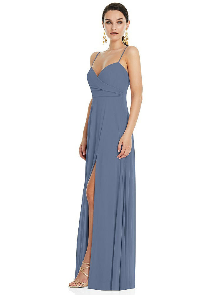 【STYLE: LB036】Adjustable Strap Wrap Bodice Maxi Dress with Front Slit 【COLOR: Larkspur Blue】