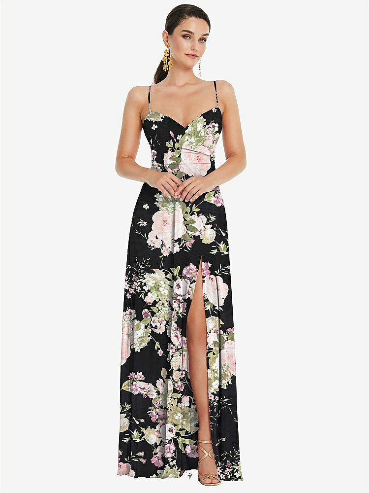 【STYLE: LB036】Adjustable Strap Wrap Bodice Maxi Dress with Front Slit 【COLOR: Noir Garden】