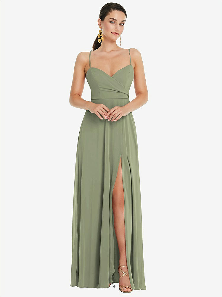 【STYLE: LB036】Adjustable Strap Wrap Bodice Maxi Dress with Front Slit 【COLOR: Sage】