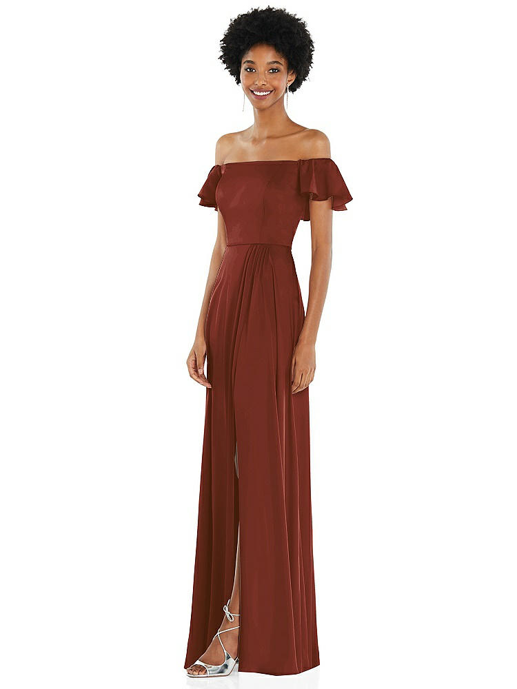 【STYLE: 8227】Straight-Neck Ruffled Off-the-Shoulder Satin Maxi Dress【COLOR: Auburn Moon】
