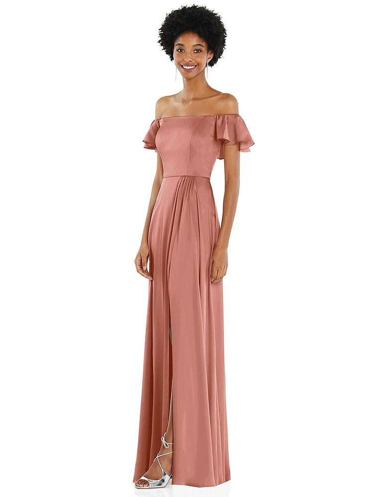 【STYLE: 8227】Straight-Neck Ruffled Off-the-Shoulder Satin Maxi Dress【COLOR: Desert Rose】
