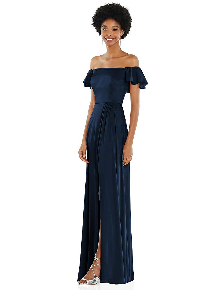 【STYLE: 8227】Straight-Neck Ruffled Off-the-Shoulder Satin Maxi Dress【COLOR: Midnight Navy】