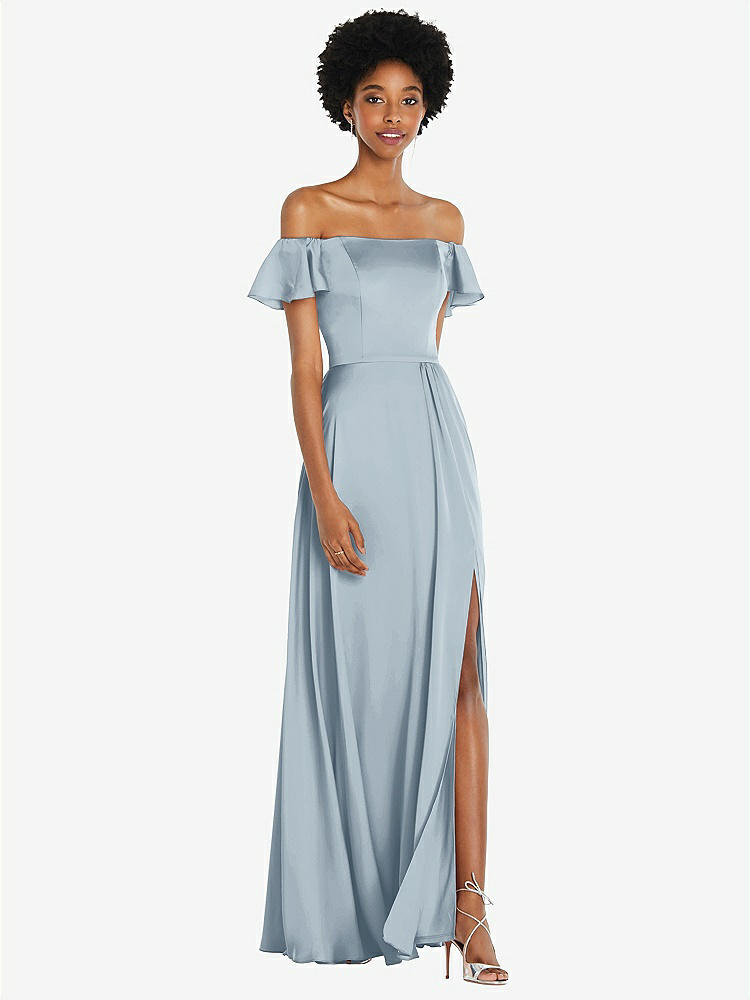 【STYLE: 8227】Straight-Neck Ruffled Off-the-Shoulder Satin Maxi Dress【COLOR: Mist】