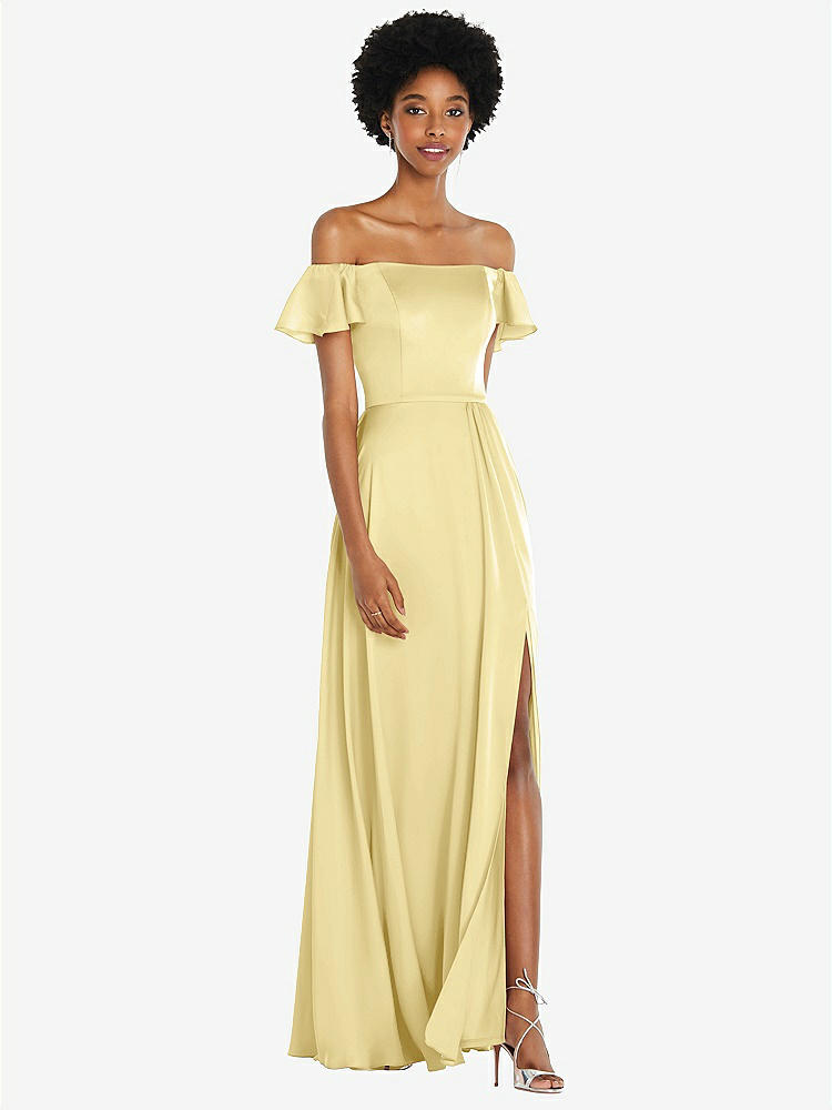【STYLE: 8227】Straight-Neck Ruffled Off-the-Shoulder Satin Maxi Dress【COLOR: Pale Yellow】